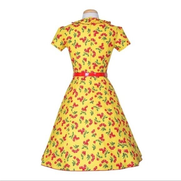 Bernie Dexter Yellow Cherry Print Dress Small - 1940s Retro Rockabilly Pin-Up - Picture 12 of 14